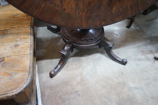 An mid 19th century yew wood circular centre table, diameter 104cm, height 71cm